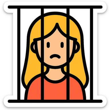 golden girl with long hair stuck behind jail bars, color outline icon sticker