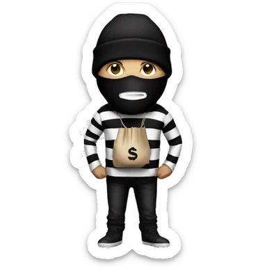 Robber, black and white striped shirt, black mask, money bag, black beanie sticker