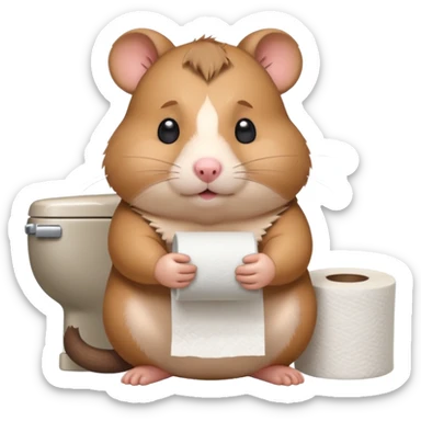 Cute chubby cartoon-style hamster sitting on toilet pooping holding toilet paper looking as if he had an accident, sticker-style illustration sticker