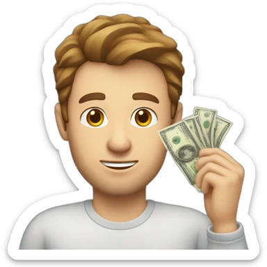 caucasian man with brown hair holding money sticker