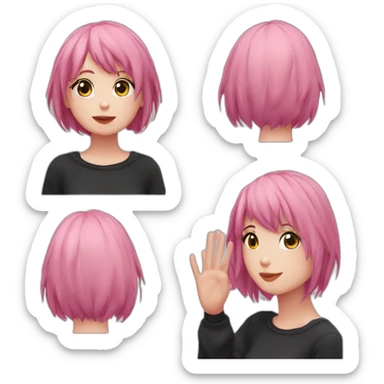 Full body Front view curvy emo girl pink hair sits on the floor straight view hands up black skirt полосатые рваные чулки sticker