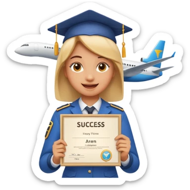 emoji student happy holding certificate IELTS 7.0, success, airplane, white background sticker