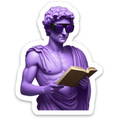 an EMOJI OF A ancient young greek statue reading a book, wearing VR glasses, purple colors, DIGITAL UNIVERSE sticker