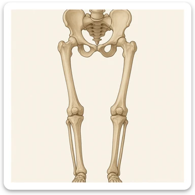 Create a clean medical style anatomical illustration, front view, showing genu varum (bow legs) with wide knees and close ankles. Highlight the pelvis bones, femur, tibia, and fibula with realistic proportions. Use a neutral background and no text or logos. The style should be inspired by the provided reference image, focusing on a clean and precise medical illustration look. sticker