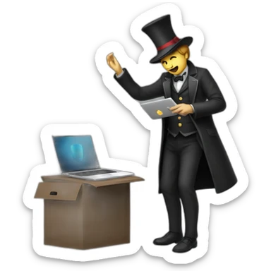 magician programming a laptop with an emoji of an idling truck on the screen sticker