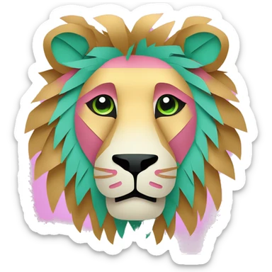 lion made of colourful cyan pink gold piñata paper strips with green eyes sticker
