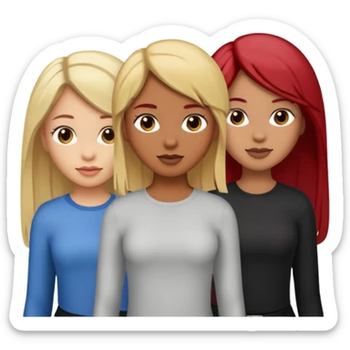3 girls. 1 light skin with blonde hair 1 brown skin with black hair and 1 tan skin with brownish/red hair sticker