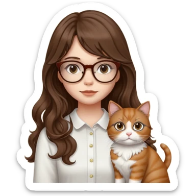White skin Girl with brown long wavy hair with curtain bangs and brown glasses with a white cat sticker