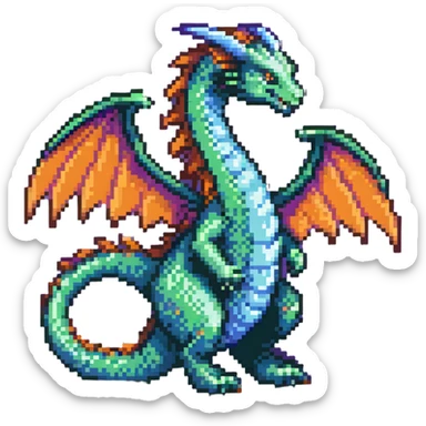 mystical wyrm with a long tail and large wings, colored green, blue, and purple sticker