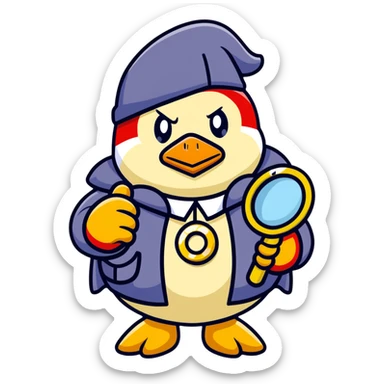 King Dedede from Kirby dressed as a detective, holding a magnifying glass, cartoon style sticker