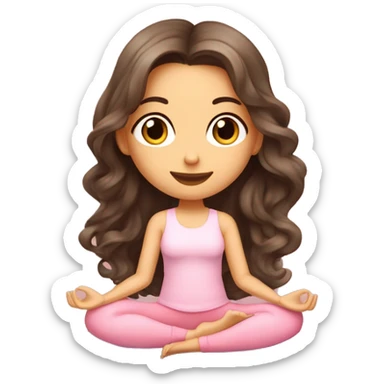 Brunette long curled hair and hazel eyes yoga beautiful girl in light pink clothes sitting on a yoga mat sticker