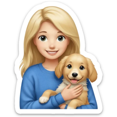 20-year-old dirty blonde woman with long hair and dark blue eyes, petting an English cream golden retriever, cheerful atmosphere sticker