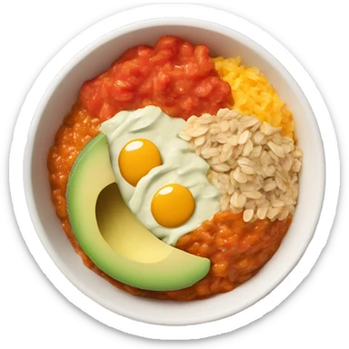 a bowl with orange rice and as topping tomate sauce, avocado creme, grinned cheese, oats, red and green sliced paprika sticker