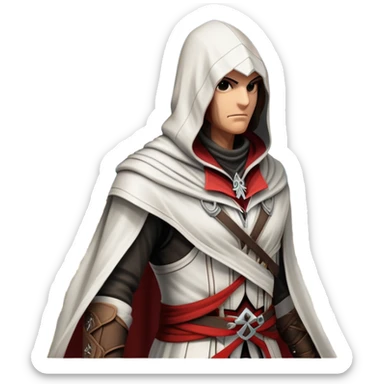 icon featuring Assasin's Creed in an iconic assassin's hood, standing tall against the backdrop of Florence. The design captures the essence of adventure, with intricate details of historical architecture and a sense of mystery. The character is poised, ready for action. transparent background. sticker