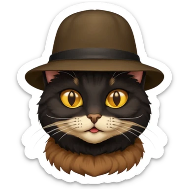 mostly black cat with some brown on face, gold eyes, british hat sticker