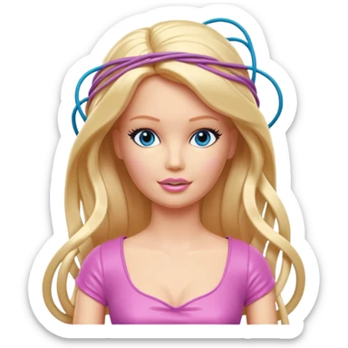 plastic barbie doll tightly bound with tangled AUX cables. sticker