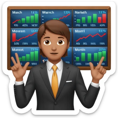 mach mir einen trader an der börse der tradet der so mit einer hand hinter sich deutet um anzug. Aber nur mit einer hand so leicht nach hinten oben und mit braunen haaren sticker