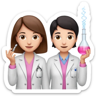 cientificas con blusa rosa y bata blanca felices, una chica con pelo marrón y otra chica con pelo negro sticker