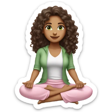 Dark brown long curly hair and green eyes yoga beautiful girl in light pink pink pink clothes sitting on a yoga mat sticker