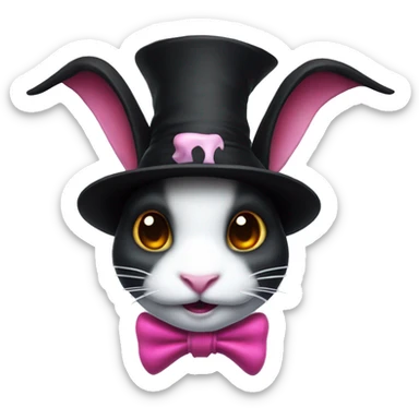 white rabbit with a black devil's tail, wearing a black jester's hat that features a pink skull clip at the center of her forehead sticker