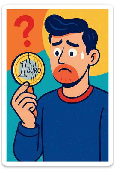 a modern man looking uncertain, holding a single euro coin with a small crack, representing average money habits, vibrant contemporary style sticker