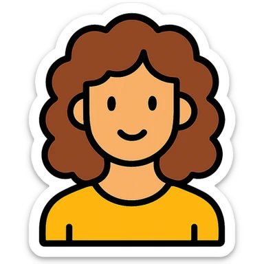 curly haired woman with shoulder length brown hair, flat vector style, clean lines, minimal shading sticker