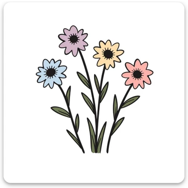 Simple bouquet of spring flowers with different blooms including small daffodils and daisies. Hand-drawn doodle style using pastel colors (pink, light blue, lavender, peach). Cheerful floral arrangement with leaves and stems. Delicate spring bloom design. sticker