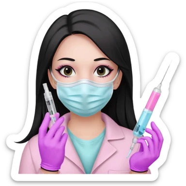 laboratorista con guantes rosa pastel y mascarilla rosa pastel jeringa tubo laboratorio sin lentes pelo lacio negro y largo ojos negro cabello largo sticker