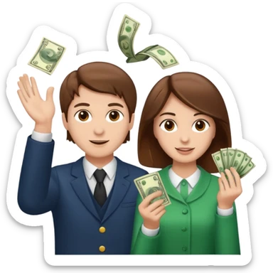Couple in brown hair throwing money sticker