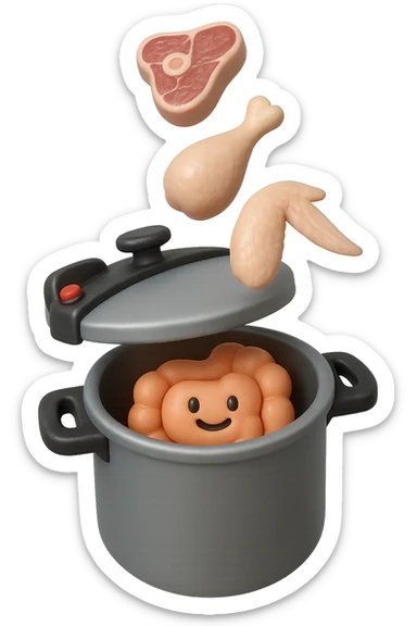emoji stile iphone in 3d di una pentola a pressione dentro cui cadono agnello, pollo, tacchino crudi e un intestino umano felice da cuocere, iperrealistico 4k sticker