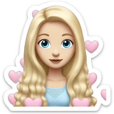 white girl blue eyes very long blond hair holding a pastel pink heart. Full shoulder view sticker