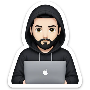 hackeur blanc cheveux noir barbe et capuche noir avec un macbook sticker