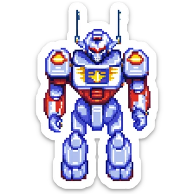Voltes V robot in classic 8-bit pixel art style, reminiscent of retro video games, detailed and colorful sticker