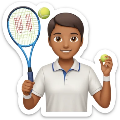 Chindian tennis coach, caramel brown skin, short straight hair, oval face, small eyes, smiling, holding a tennis racket sticker