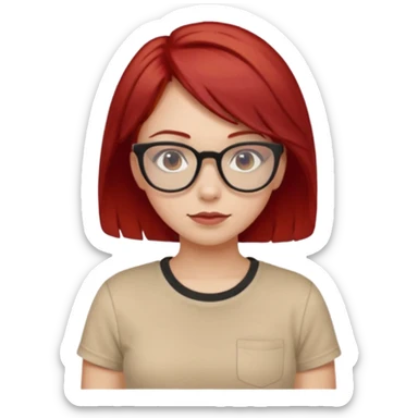 girl short-layer-red-hair wear beige T-shirt, wear dark red glasses sticker