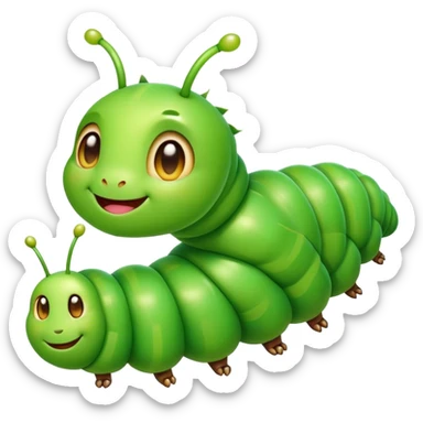 Cinematic Realistic Cute Caterpillar Portrait Emoji, Head tilted playfully and inquisitively, featuring a compact, segmented body in bright, vibrant green with delicate, inviting textures and a charming, rounded face with sparkling eyes full of curiosity, rendered with lifelike detail and natural highlights, high shine, affectionate and spirited, styled with a touch of garden whimsy, soft glowing outline, capturing the essence of a mischievous yet lovable caterpillar that seems poised to crawl cheerfully into your arms! sticker