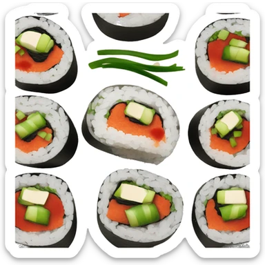 sushi roll with green onion and red sauce on top sticker