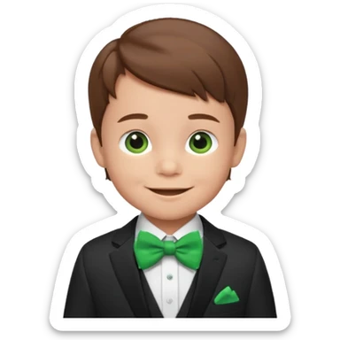 baby cute boy, brown hair in suit, with green bow, smile sticker