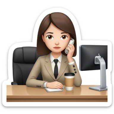 Молодая девушка-мемоджи, уставшее и грустное выражение лица, сидит в офисе за рабочим столом, держит чашку холодного кофе. Простая офисная одежда, приглушённые цвета, гладкие волосы, минималистичный стиль Apple Memoji, белый фон без деталей. sticker