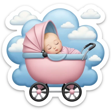 sleeping baby with closed eyes in pink and beige stroller with pastel blue clouds around it sticker
