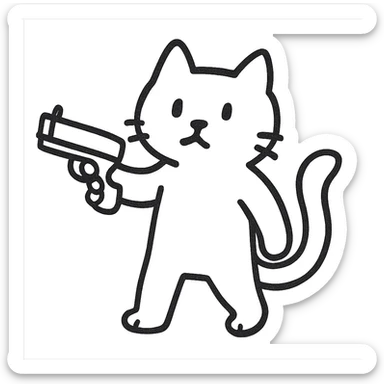 hand-drawn outlined icon of a cat holding a gun sticker