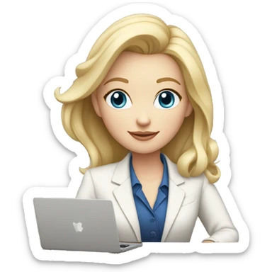 Woman with pale skin, blond hair, blue eyes and a blazer” work outfit sitting at table with Apple laptop sticker