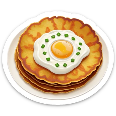 Cinematic Realistic Placki Ziemniaczane Dish Emoji, depicted as crispy potato pancakes served with sour cream rendered with vivid textures and warm, appetizing lighting. sticker