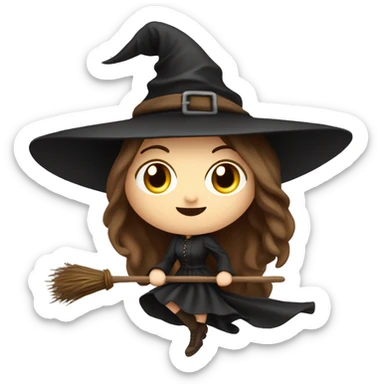 brown waistlong hair witch flying on a broom european white skin, full lips, slendr figure  sticker