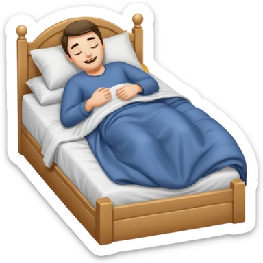 A man in bed under covers kicking feet because so excited to sleep. Eyes are closed and he is smiling. sticker