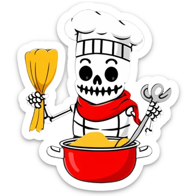 Papyrus from Undertale cooking spaghetti, tall skeleton with red scarf and white armor, enthusiastically stirring pasta in a pot, chef hat sticker