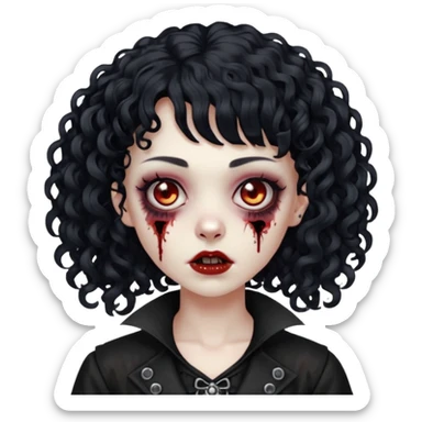 Faça uma mulher zumbi com o cabelo cacheado médio, e uma franja cacheada, cabelo preto e deixe ela meio gótica. sticker