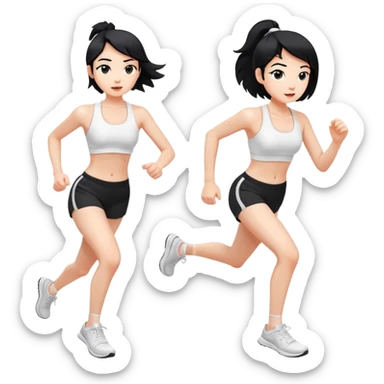 Running slim girl, white skin, black hair, white sports bra, black shorts, white sneakers sticker
