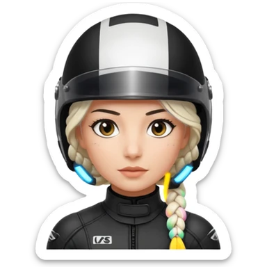 woman with white braided hair in black racer helmet sticker