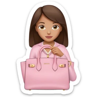 A brunette tan women holding a baby pink Birkin bag with gold hardware sticker